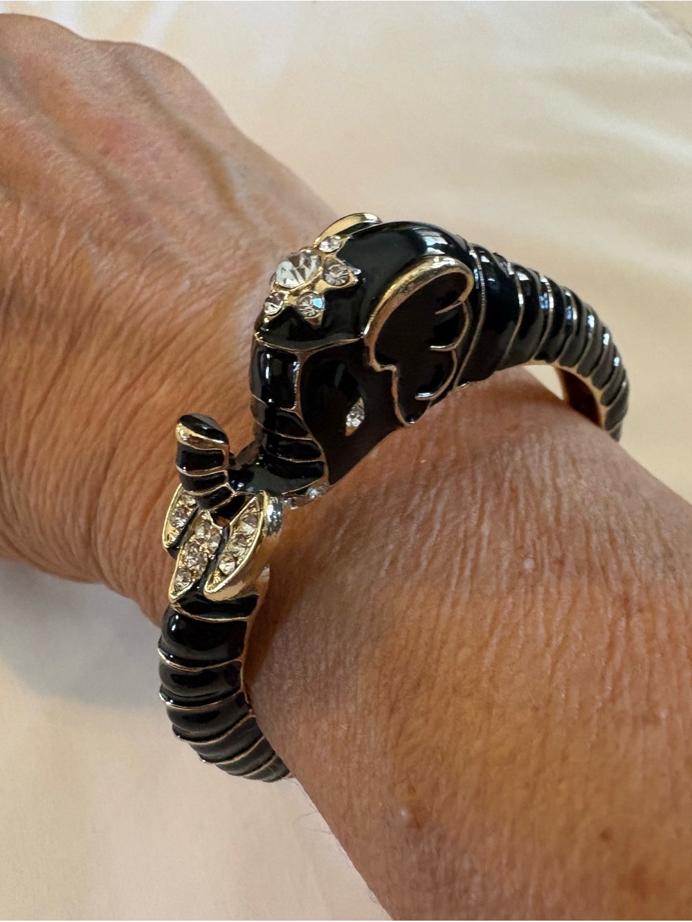 Source Unknown Black Enamel Elephant Bracelet with Crystal Accents